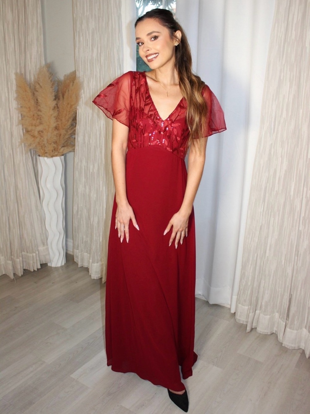 Ever Pretty Burgundy Maxi Dress with Sheer Flutter Sleeves